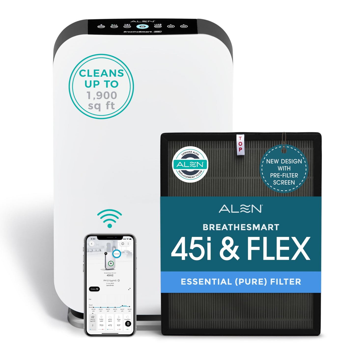Alen Air Purifier BreatheSmart 75i HEPA w/Pure Filter for Large Rooms up to 2800 Sq. Ft. - Perfect for Living Room & Kitchen - Captures Allergens
