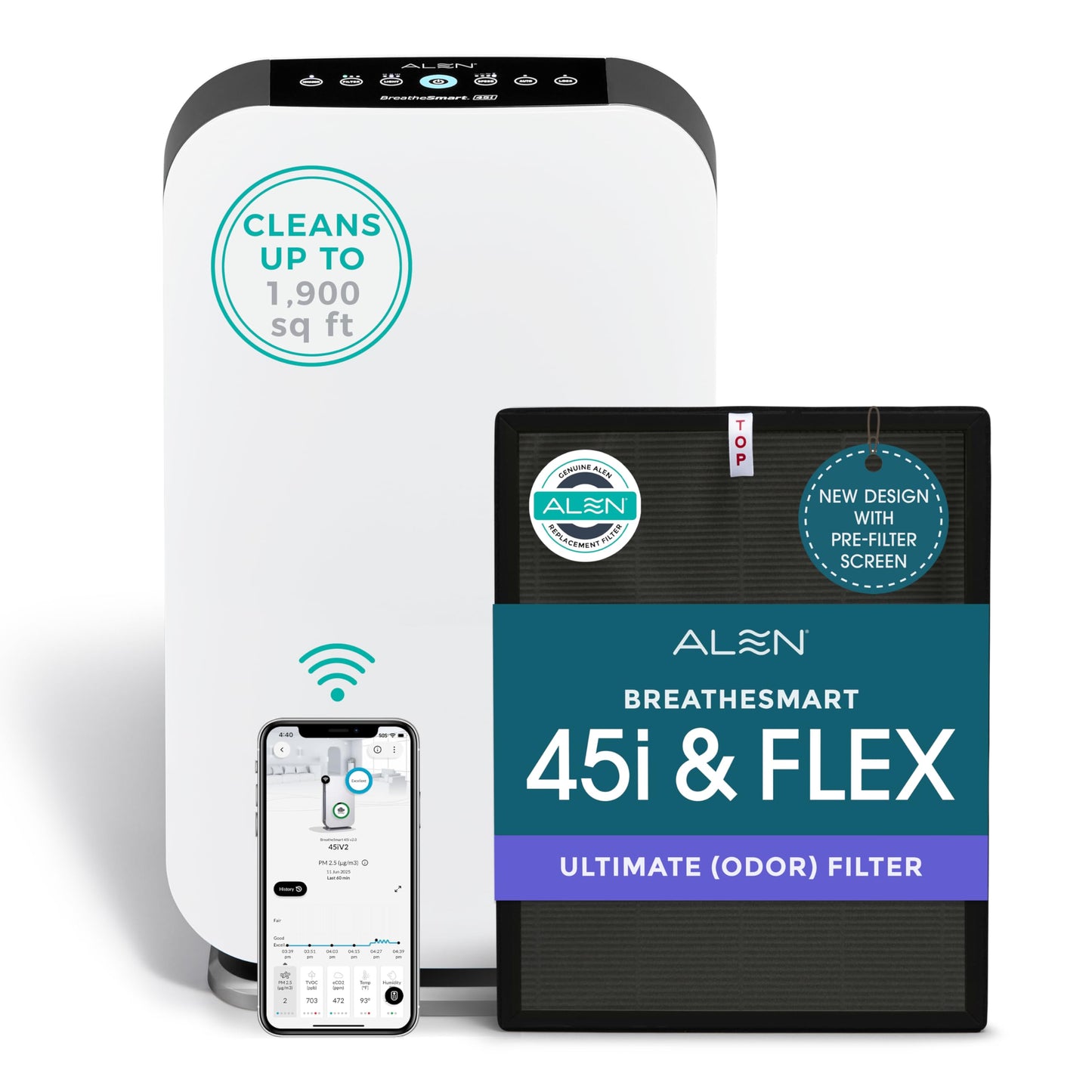 Alen Air Purifier BreatheSmart 75i HEPA with Odor Filter for Large Rooms up to 2800 Sq. Ft. - Perfect for Living Room & Kitchen - Captures Dust + Pet